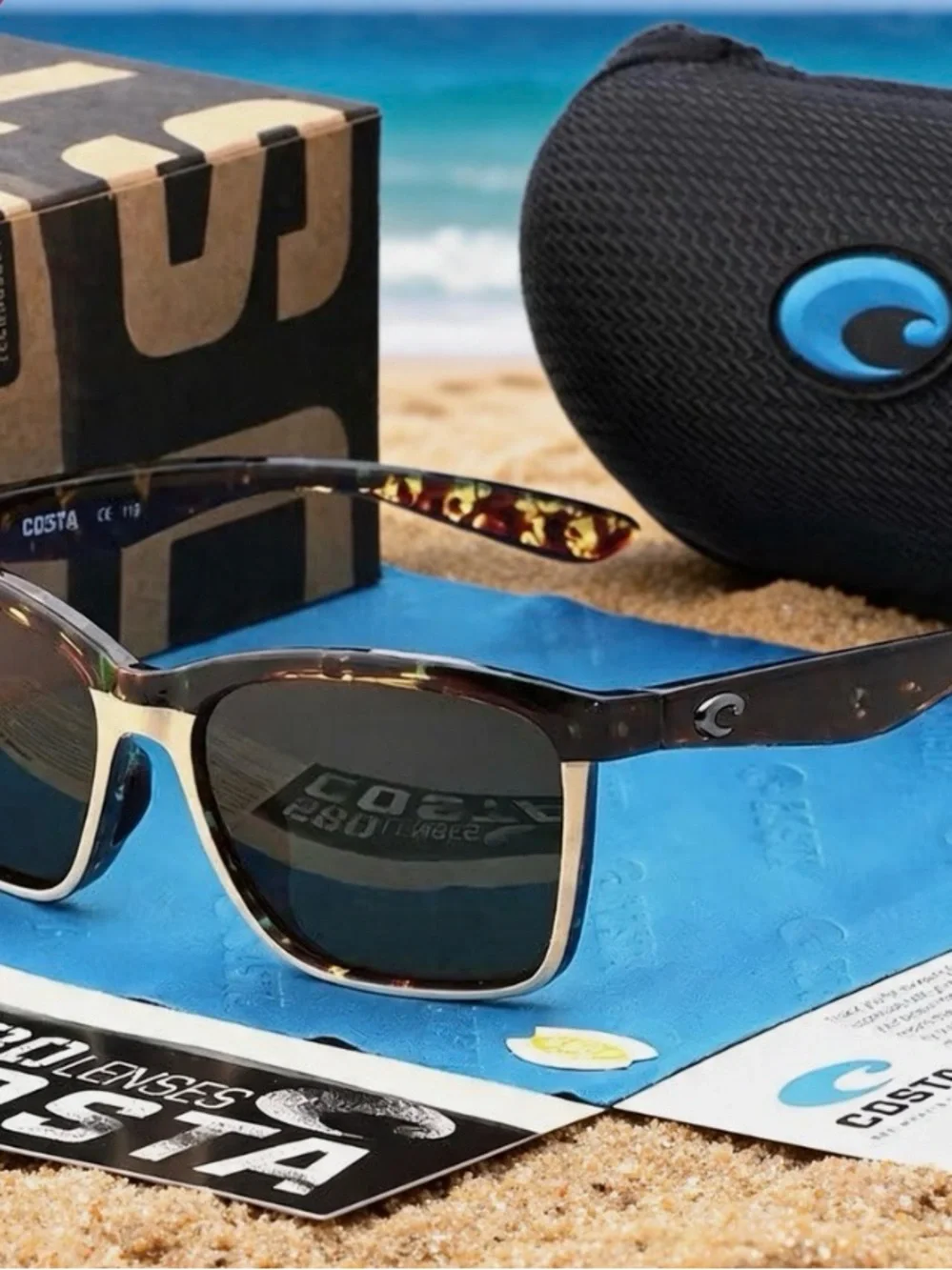 Costa Tortoiseshell Frame Sunglasses with Gold Trim and Black Lenses